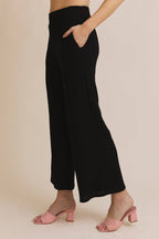 Side Ruching Tie Tank Top and Wide Leg Pant Set-Black