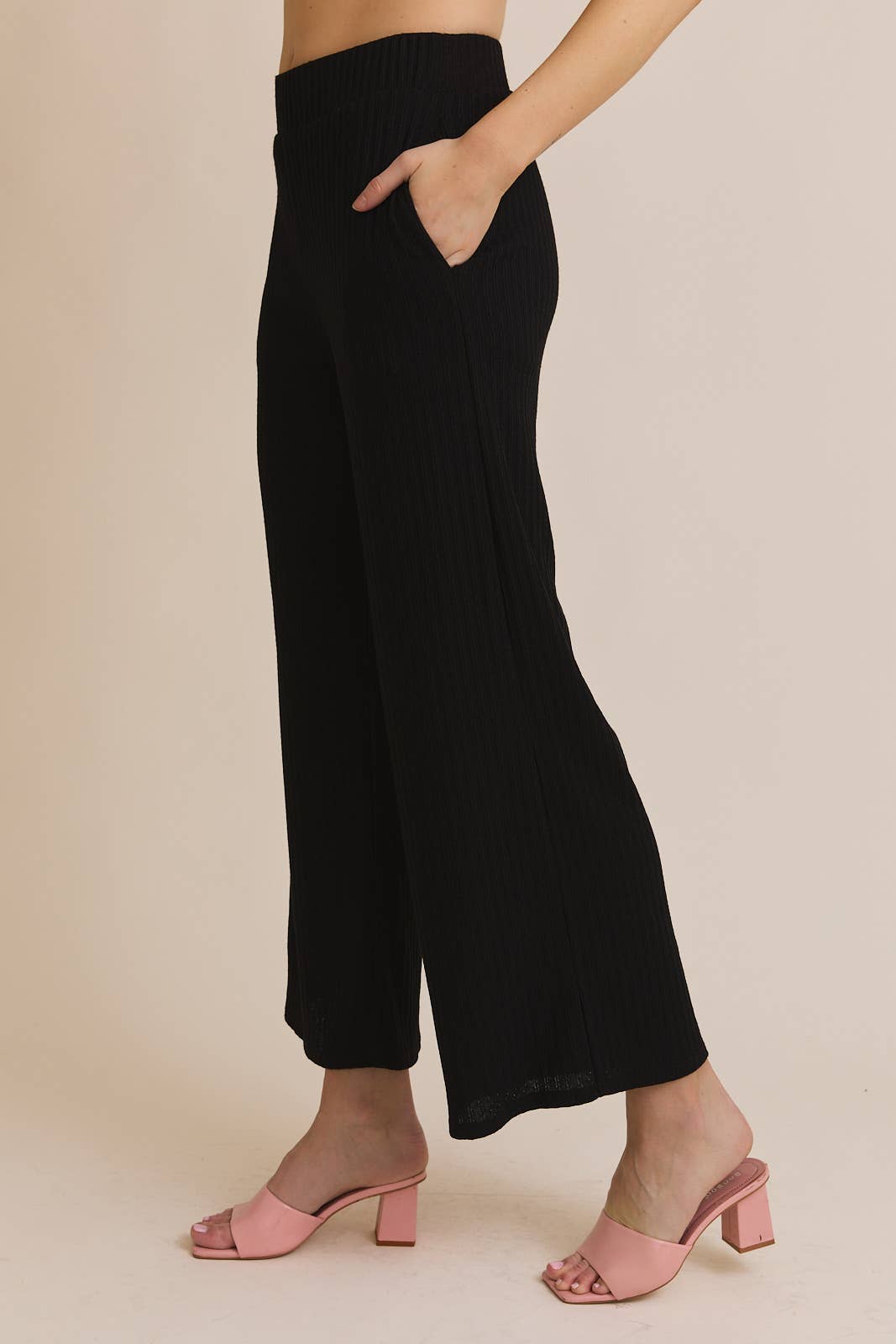 Side Ruching Tie Tank Top and Wide Leg Pant Set-Black