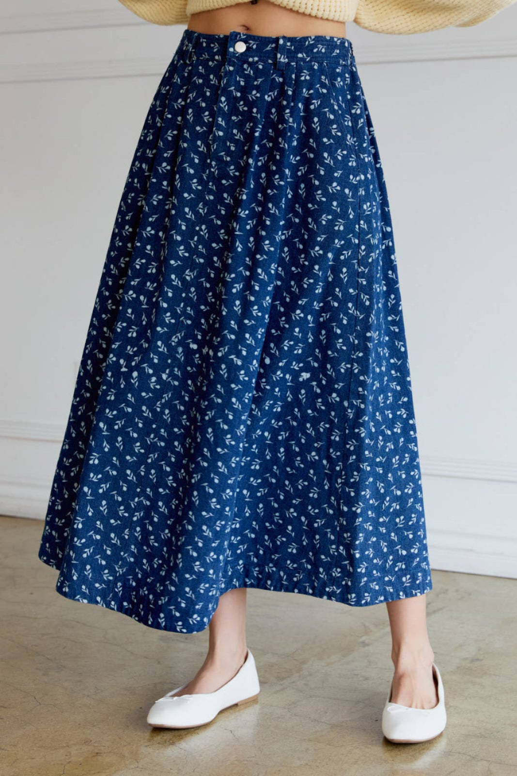 Floral Pleated Circle Skirt-Medium Blue Denim Women's Skirts