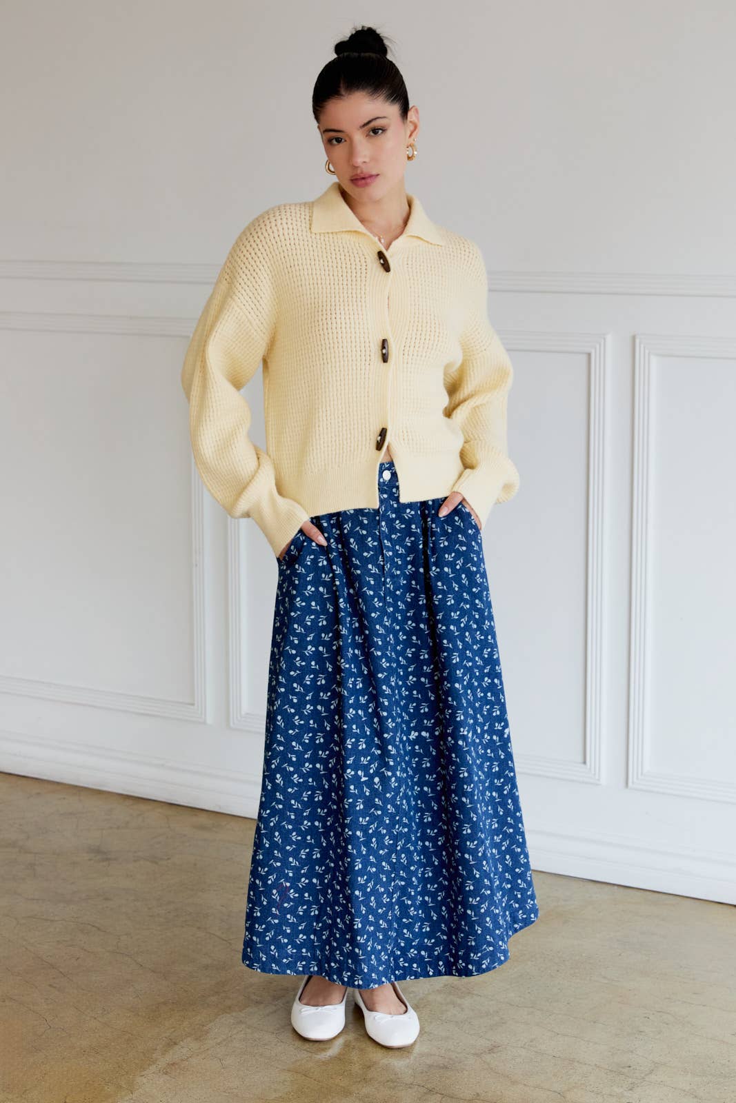 Women's Floral Pleated Circle Skirt-Medium Blue Denim