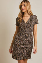 Surplice Ruched Leopard Dress-Black Taupe