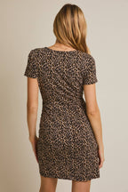 Surplice Ruched Leopard Dress-Black Taupe