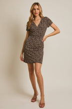 Surplice Ruched Leopard Dress-Black Taupe