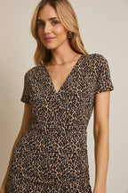 Surplice Ruched Leopard Dress-Black Taupe