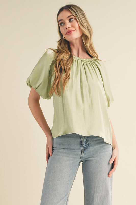 Satin Bubble Sleeve Baby Doll Top-Lime Mint
