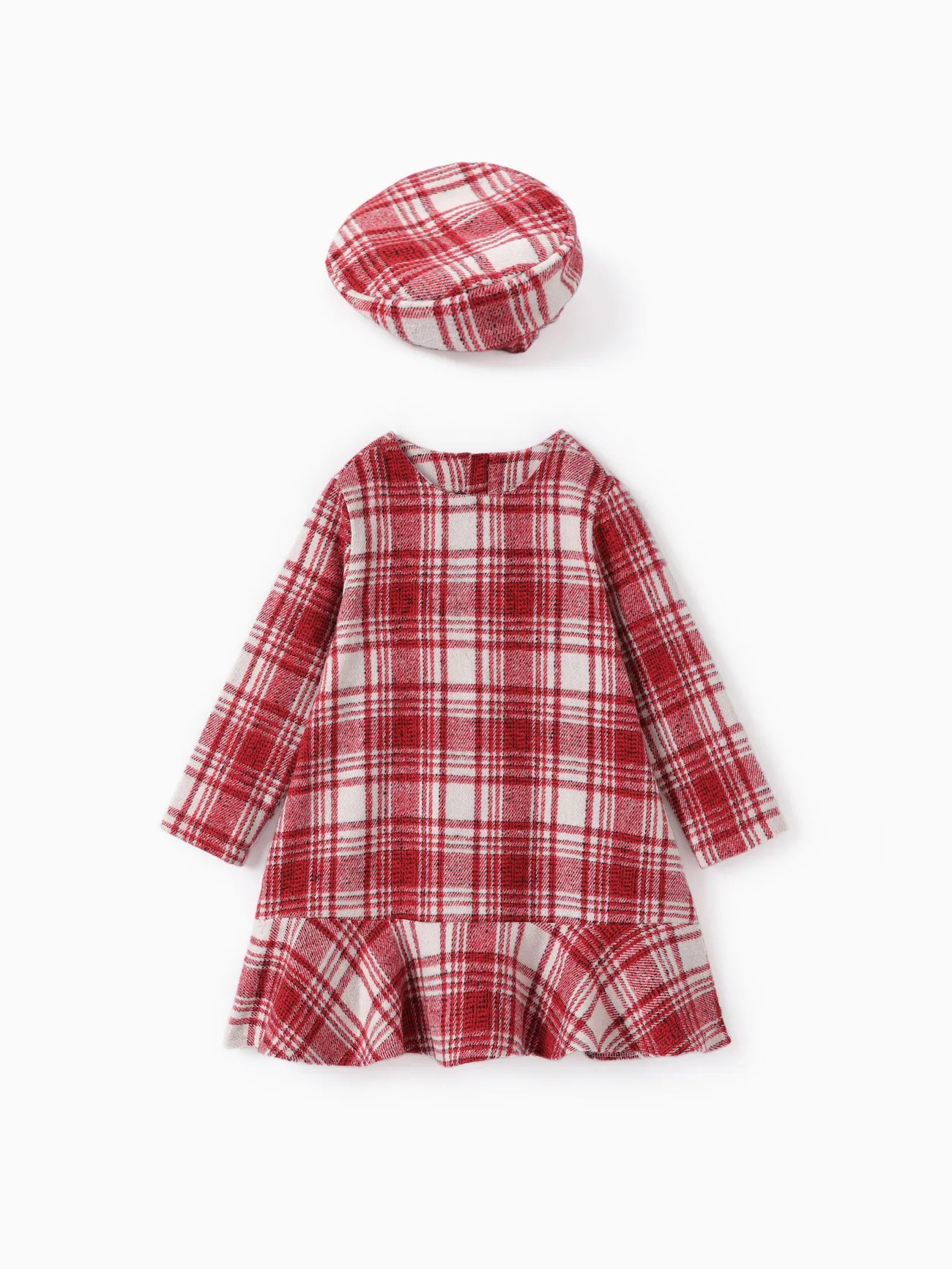 Long Sleeve Plaid Ruffle Dress-Red