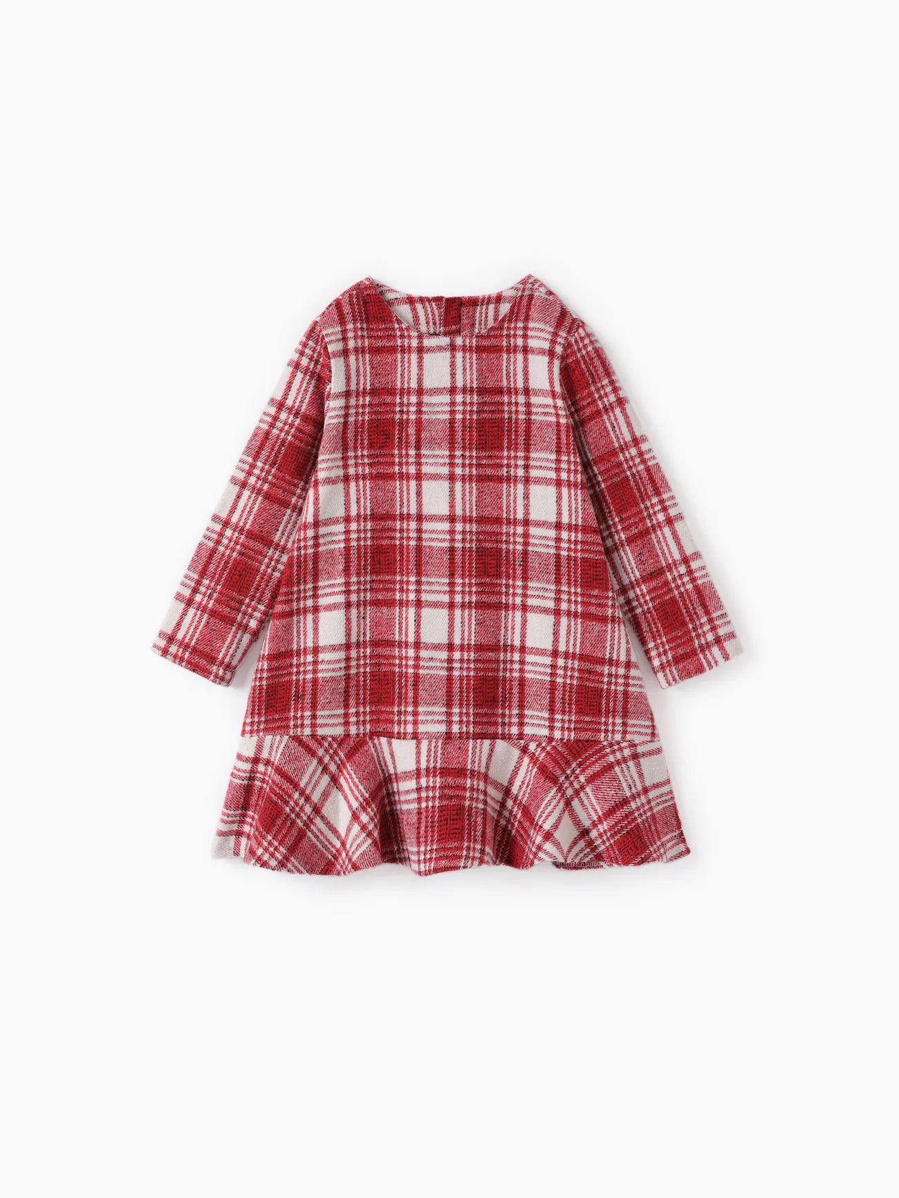 Long Sleeve Plaid Ruffle Dress-Red