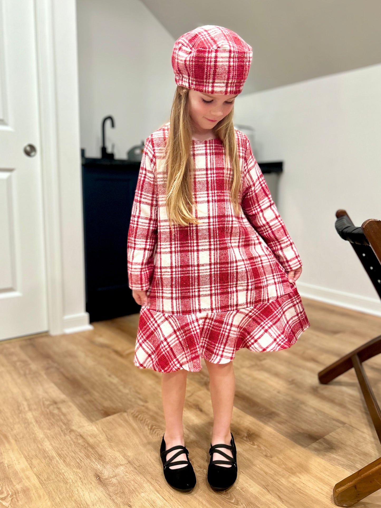 Long Sleeve Plaid Ruffle Dress-Red