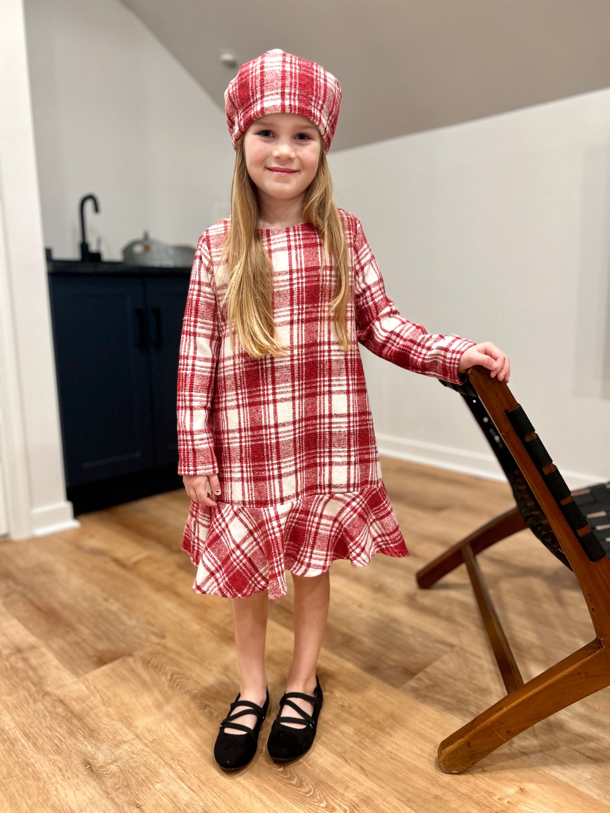 Long Sleeve Plaid Ruffle Dress-Red