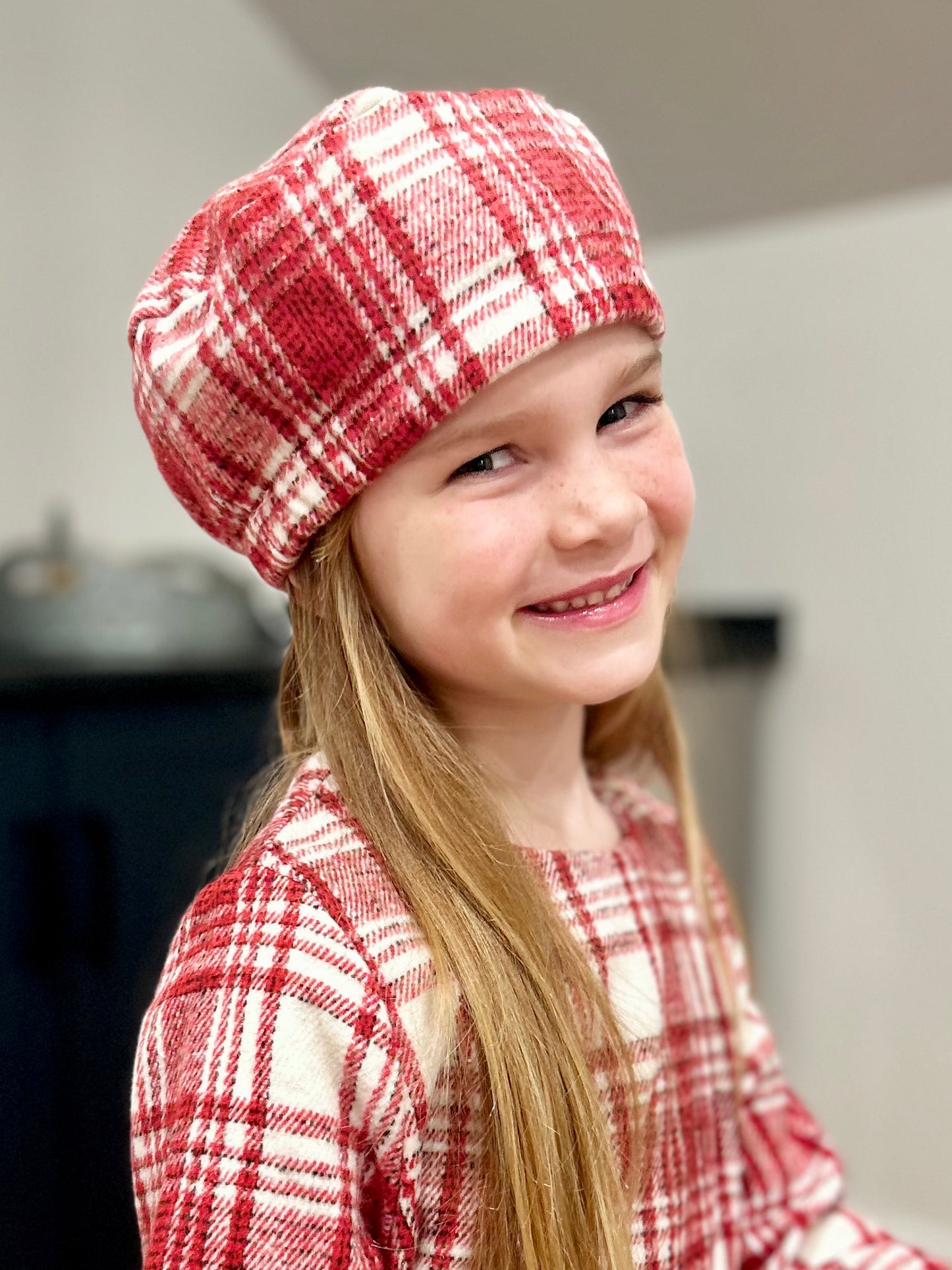 Long Sleeve Plaid Ruffle Dress-Red