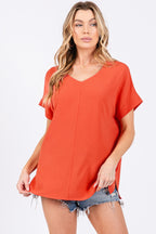 Short Sleeve V Neck Top-Orange