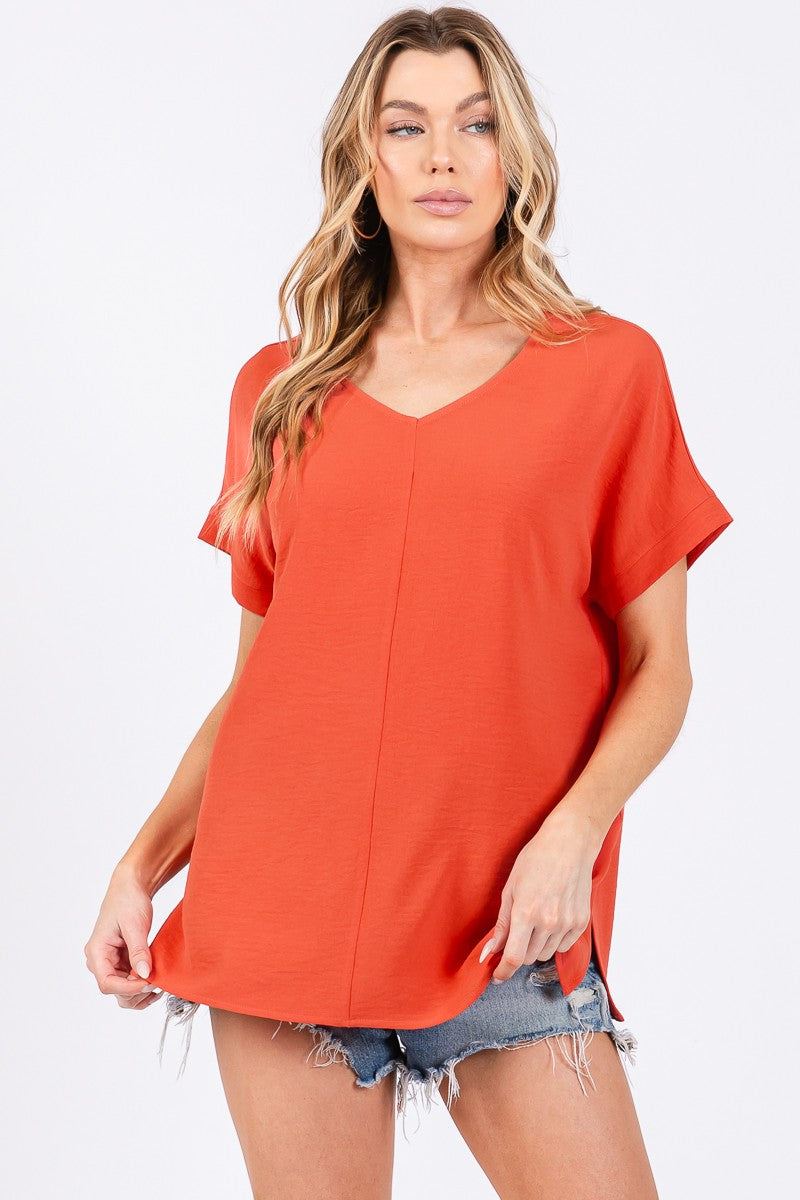Short Sleeve V Neck Top-Orange