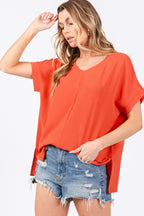 Short Sleeve V Neck Top-Orange