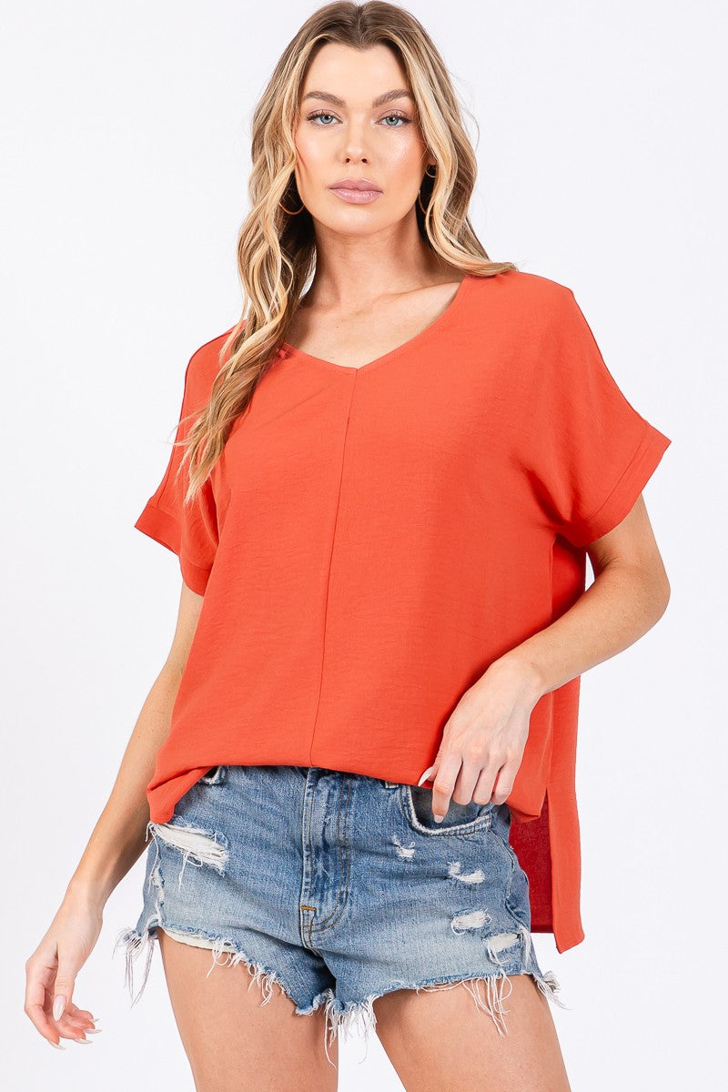 Short Sleeve V Neck Top-Orange