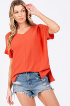 Short Sleeve V Neck Top-Orange