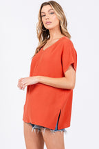 Short Sleeve V Neck Top-Orange