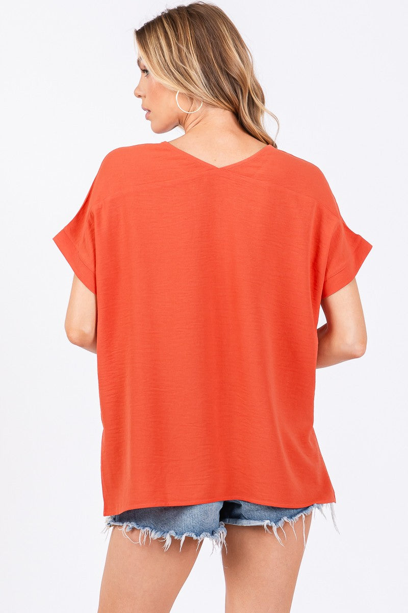 Short Sleeve V Neck Top-Orange