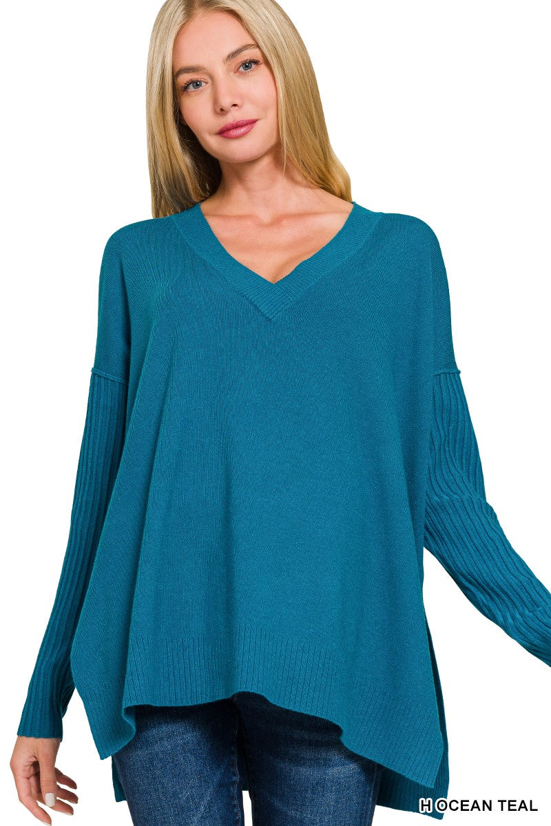 Oversized V-Neck Long Sleeve Sweater-Heather Ocean Teal