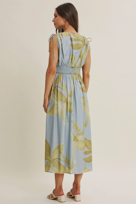 Shoulder Cutout Floral Midi Dress-Powder Blue Lt Olive Flowy | Women's Dresses