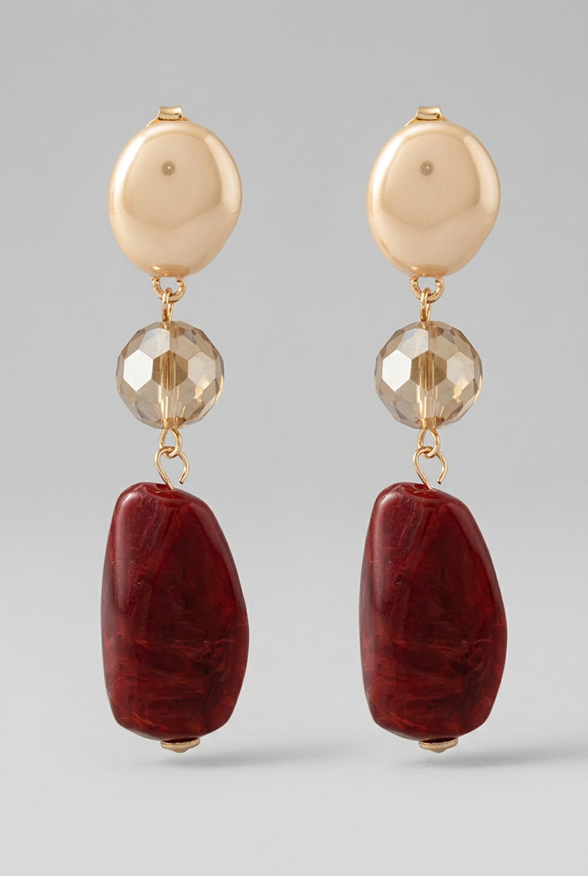 Taisha Fashion Stone & Metal Drop Earrings-Wine/Brown