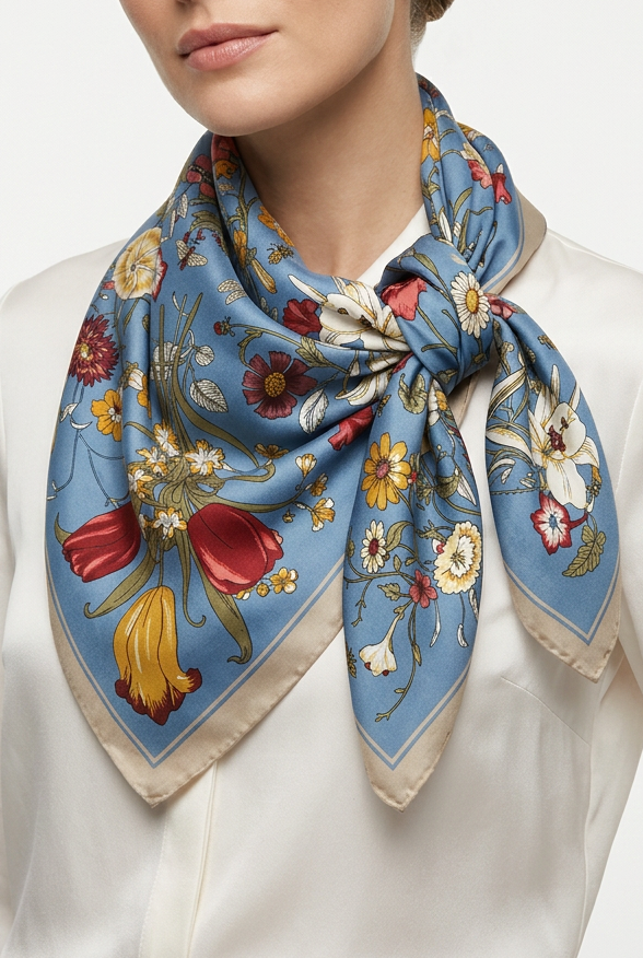 Flower Print Scarf-Blue Multi