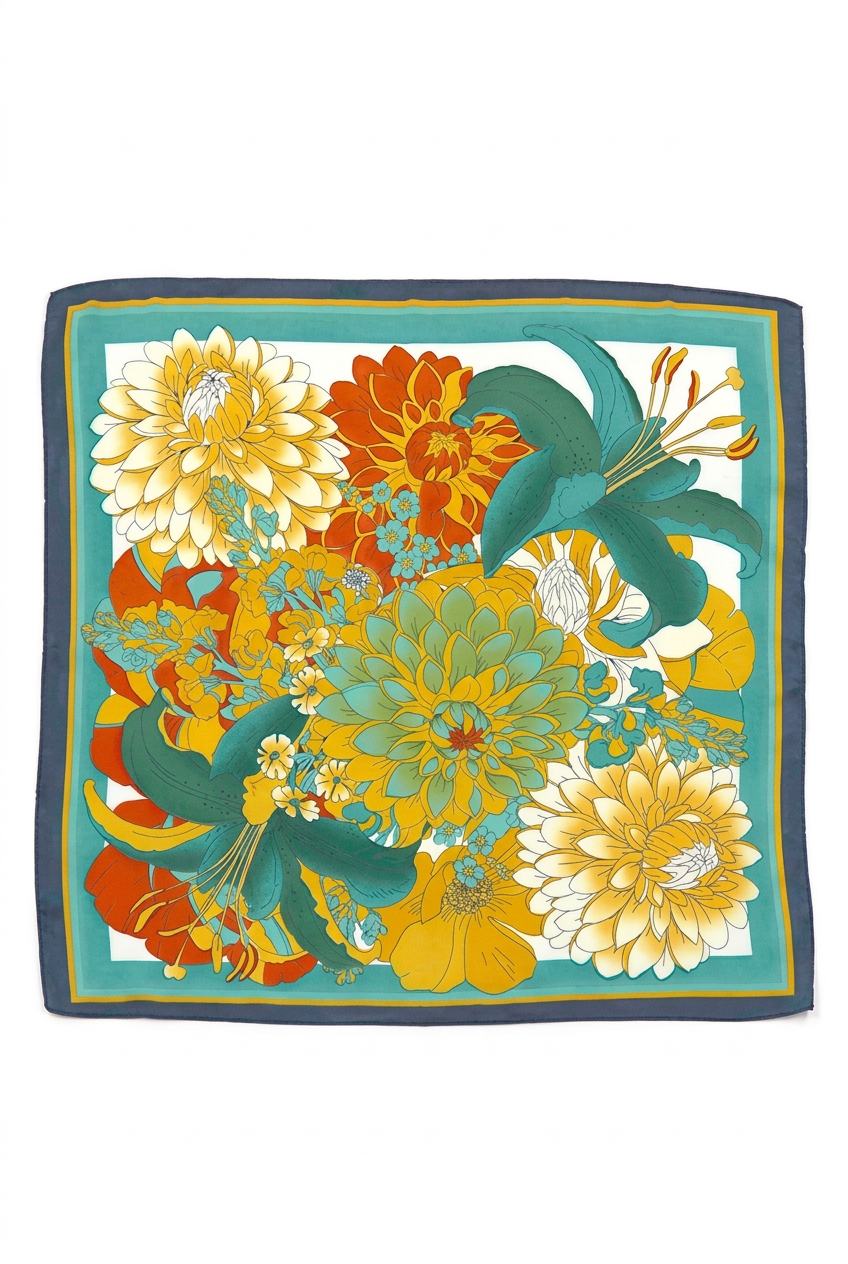 Multi Floral Bandana Scarf-Green/Mustard Silky