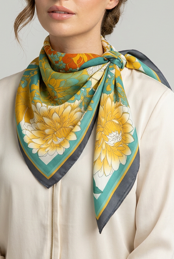 Multi Floral Bandana Scarf-Green/Mustard Silky