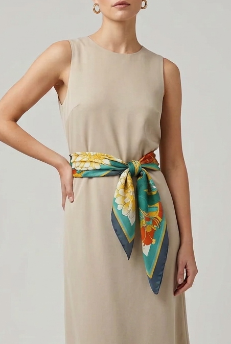 Multi Floral Bandana Scarf-Green/Mustard Silky