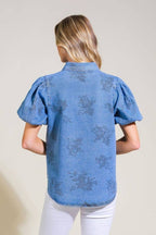 Floral Print Washed Denim Top-Medium Blue