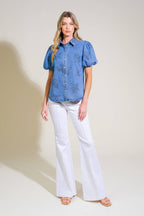 Floral Print Washed Denim Top-Medium Blue