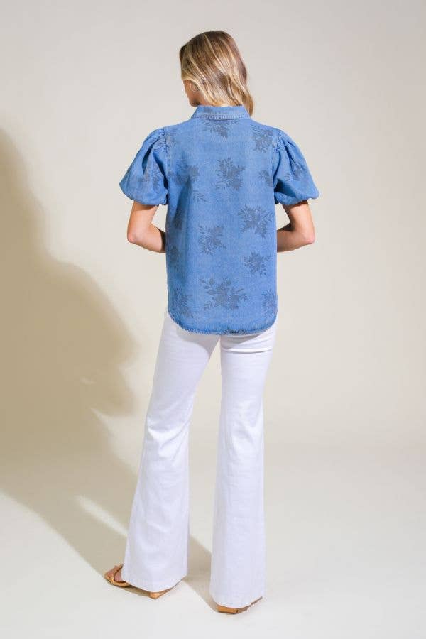 Floral Print Washed Denim Top-Medium Blue