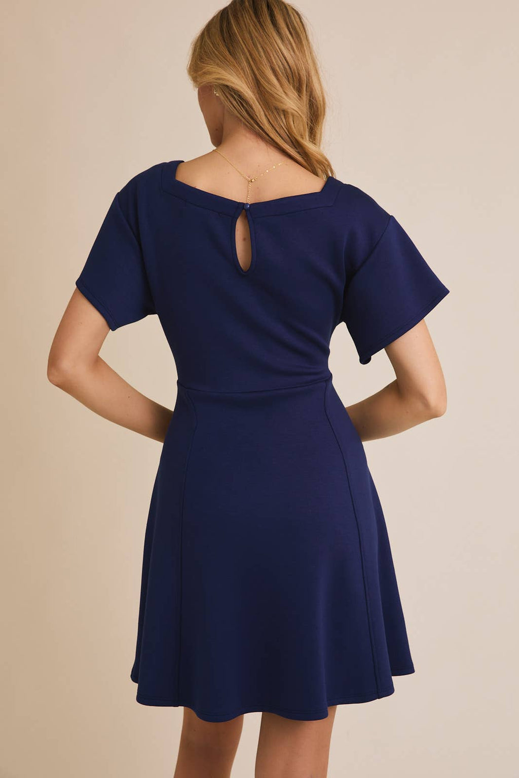 Square Neckline Short Sleeve Flare Skirt Dress-Navy