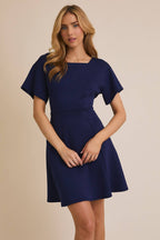 Square Neckline Short Sleeve Flare Skirt Dress-Navy