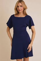 Square Neckline Short Sleeve Flare Skirt Dress-Navy