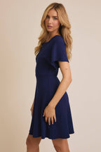 Square Neckline Short Sleeve Flare Skirt Dress-Navy