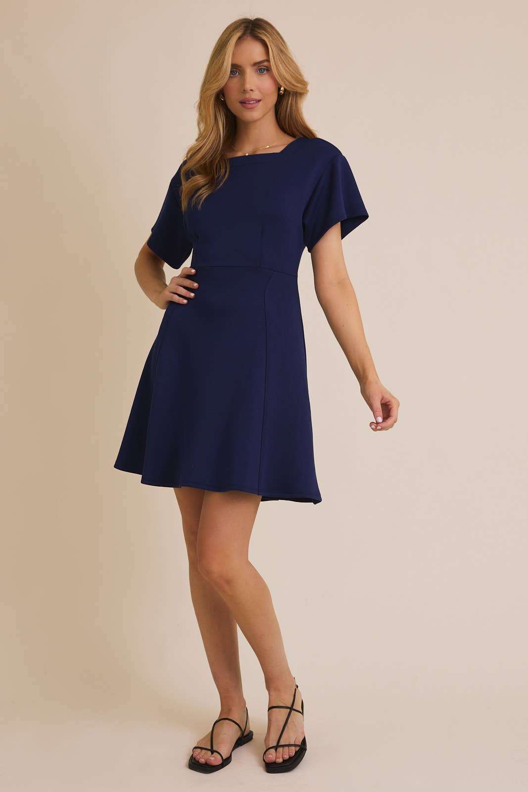 Square Neckline Short Sleeve Flare Skirt Dress-Navy | Erma Jean