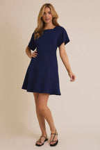 Square Neckline Short Sleeve Flare Skirt Dress-Navy