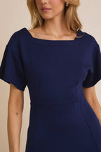 Square Neckline Short Sleeve Flare Skirt Dress-Navy