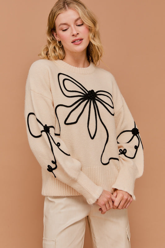 Long Sleeve Ribbon Sweater-Cream Black