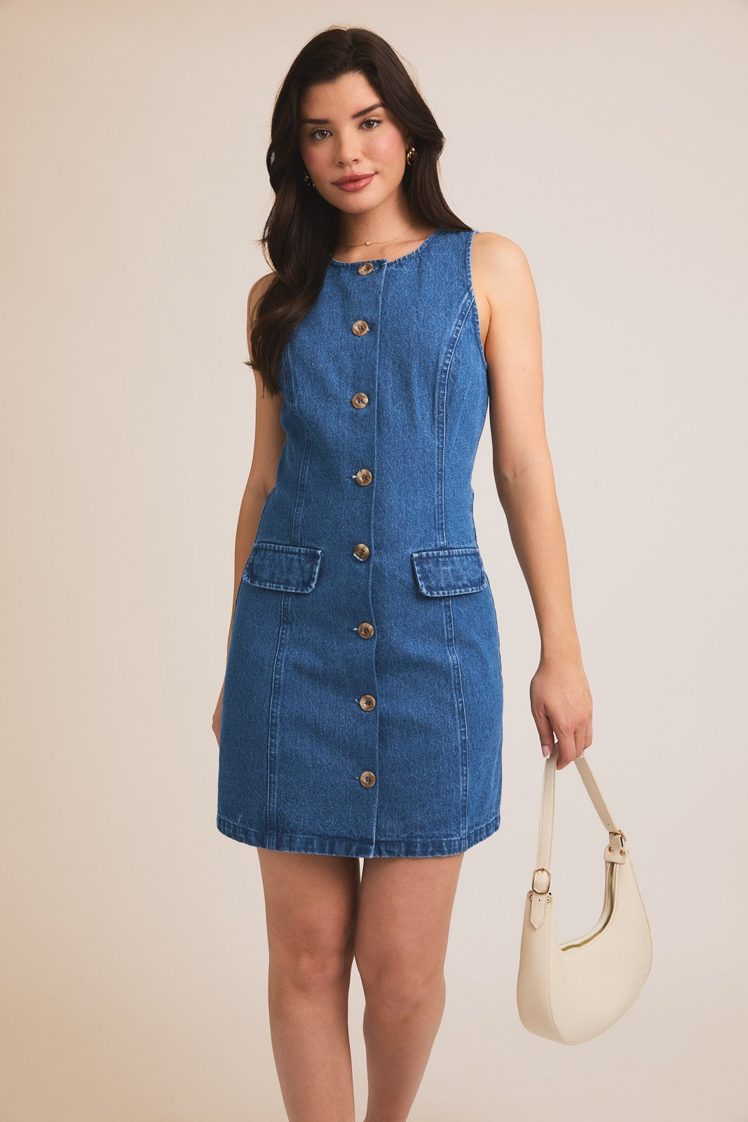 Sleeveless Button Down Denim Dress-Medium Denim