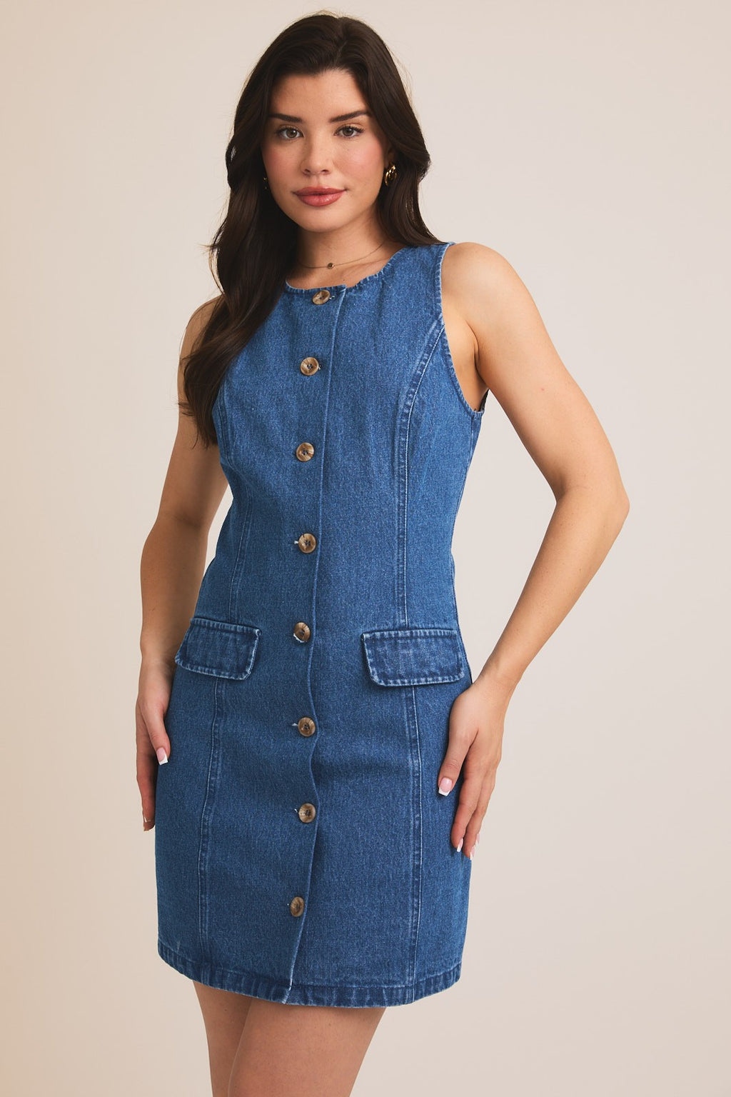 Sleeveless Button Down Denim Dress-Medium Denim