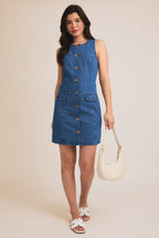 Sleeveless Button Down Denim Dress-Medium Denim