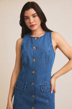 Sleeveless Button Down Denim Dress-Medium Denim