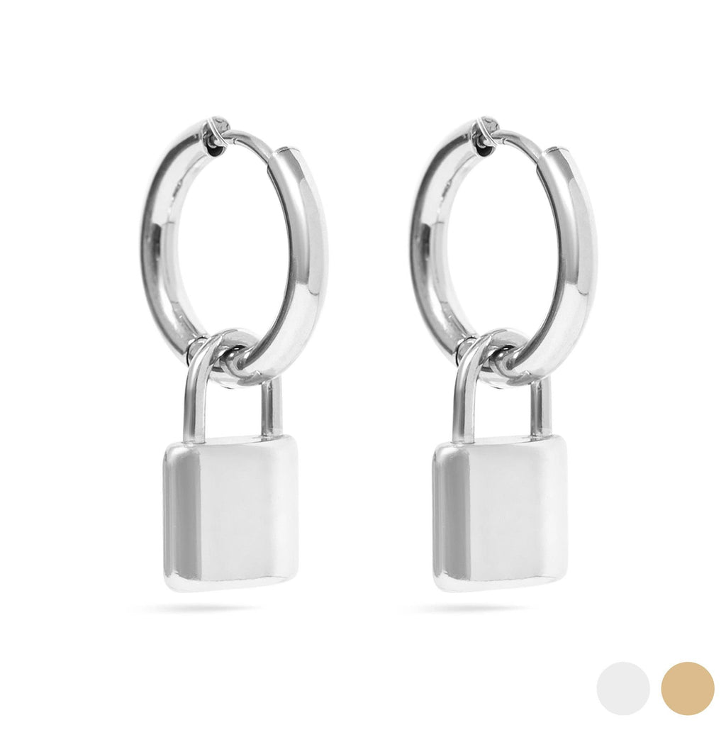 Silver hoop earrings with padlock charms on a white background