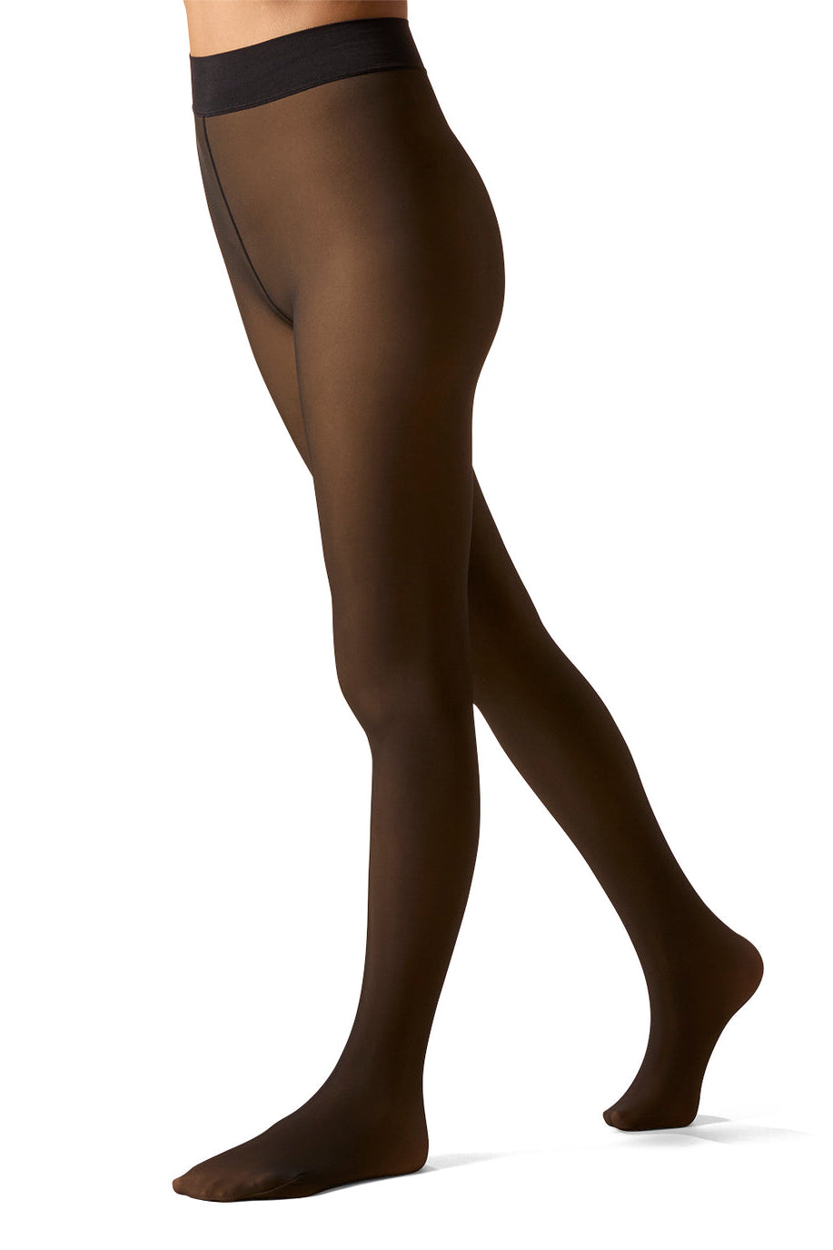 A model's lower body wearing sheer black fleece lined tights against a plain white background.