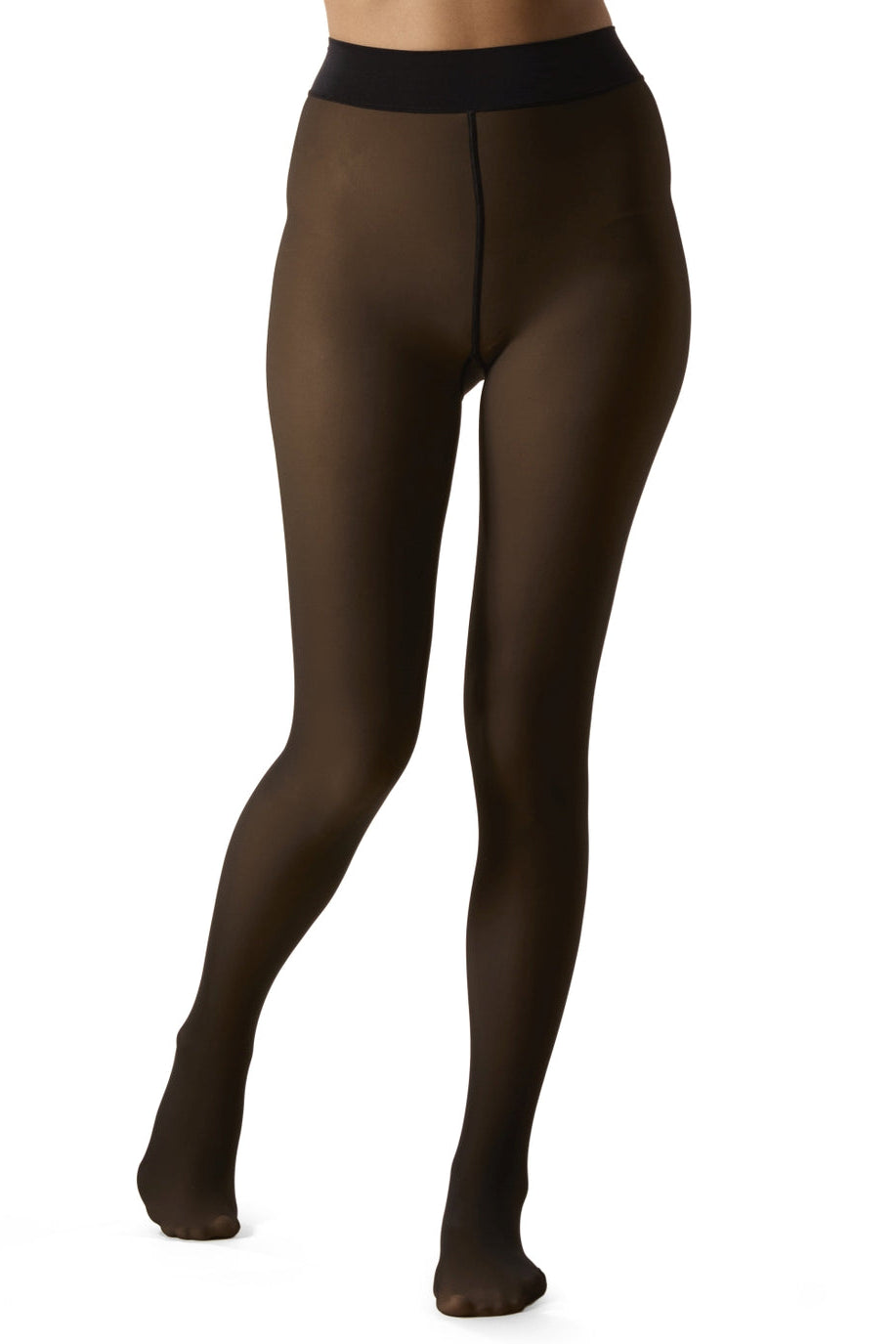 A model's lower body wearing sheer black fleece lined tights against a plain white background.