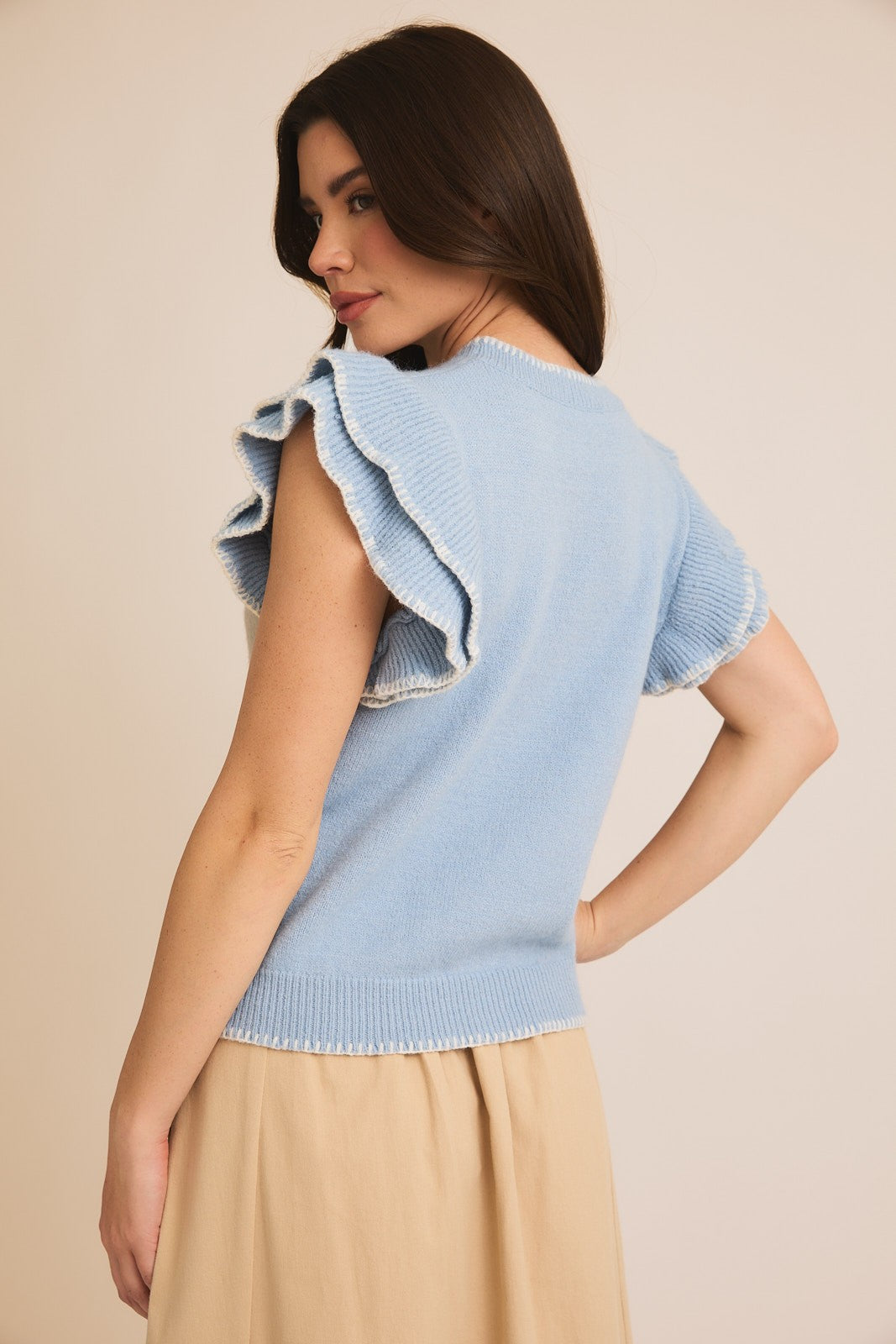 Double Ruffle Sleeve Detail Stitch Sweater-Light Blue