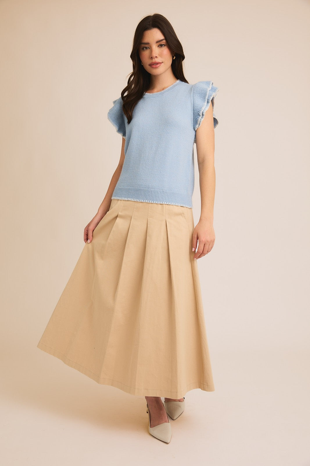 Double Ruffle Sleeve Detail Stitch Sweater-Light Blue