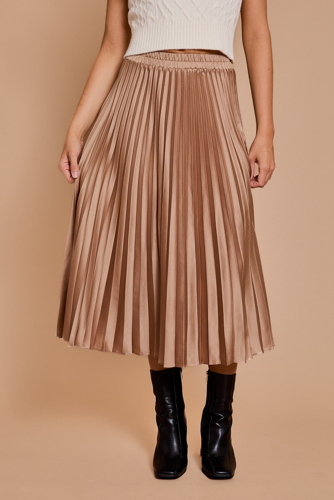 Sunburst Pleated Satin Skirt-Beige