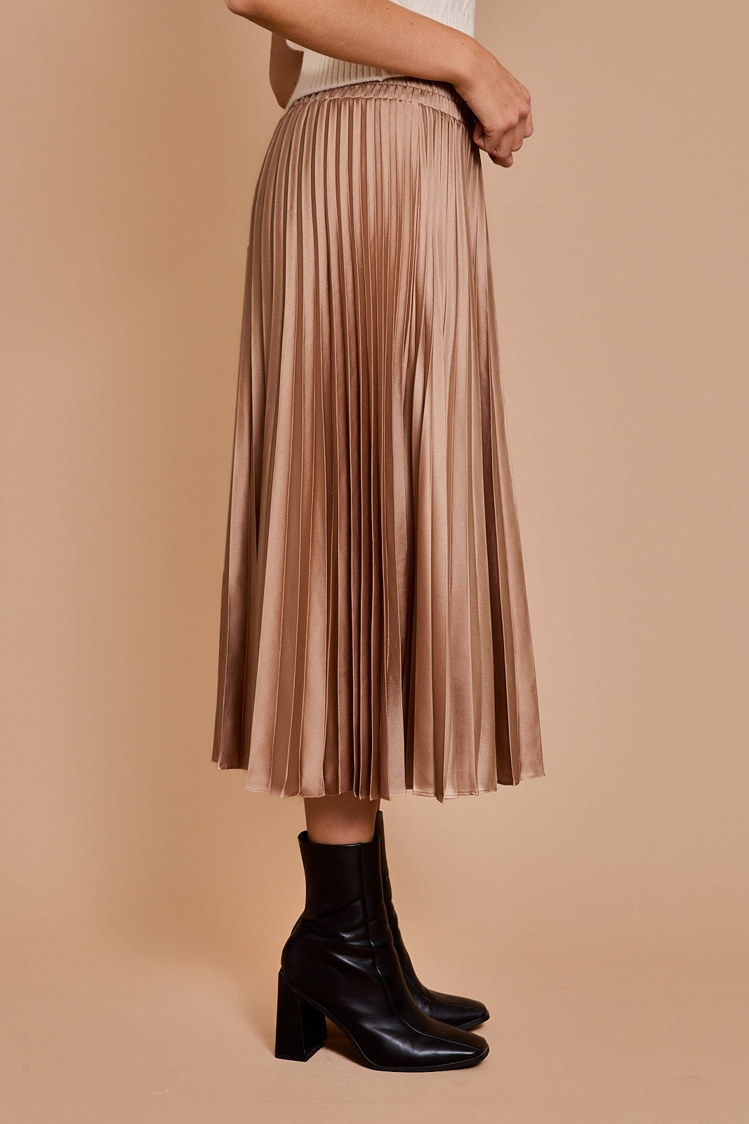 Sunburst Pleated Satin Skirt-Beige